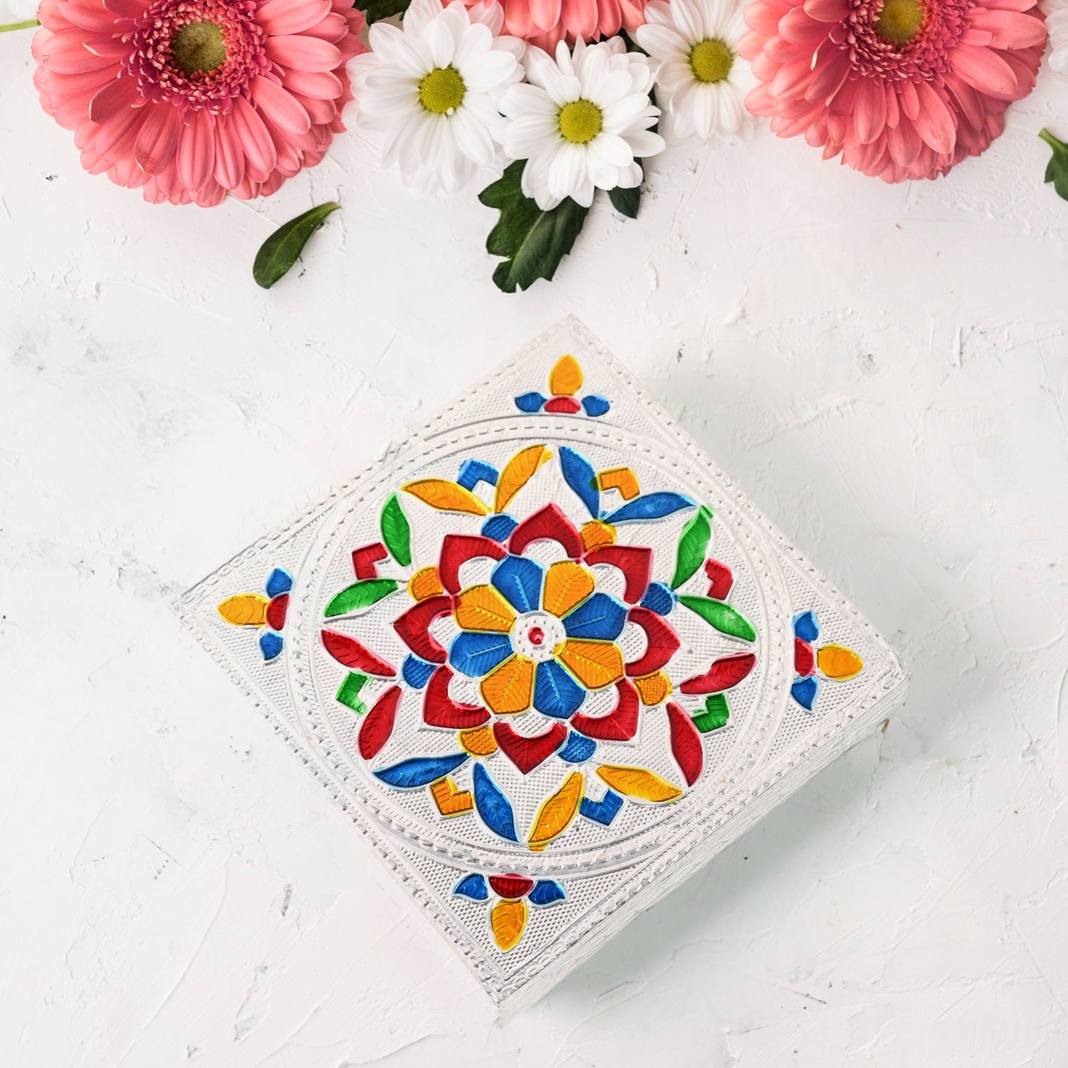 1 Pc Meenakari Wooden Chowki & Bajot Set: For Home & Office Puja (Multicolor) 1 Pc Meenakari Wooden Chowki & Bajot Set: For Home & Office Puja (Multicolor)
